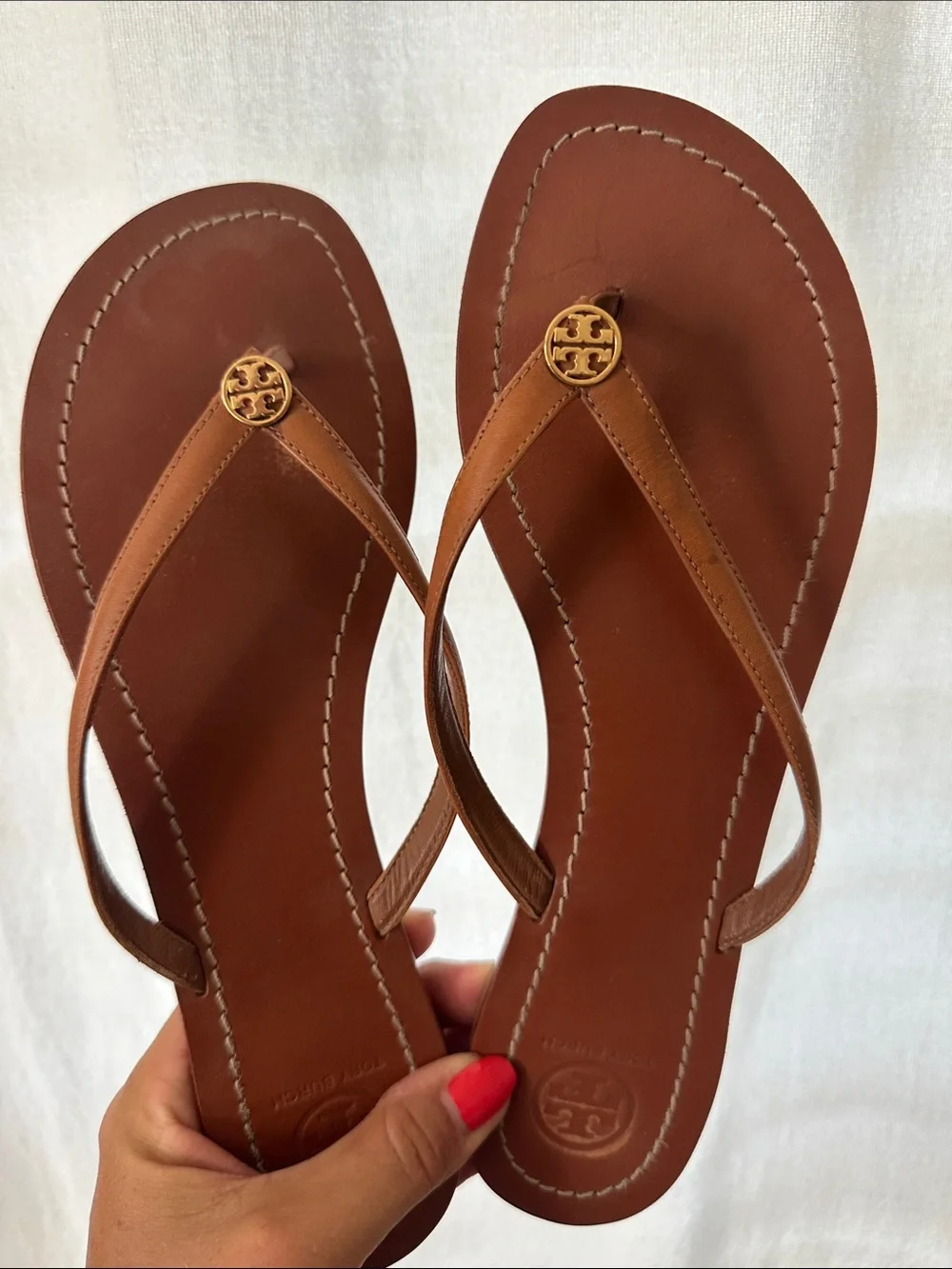 Tory Burch Brown Leather Logo Terra Thong Sandals with Gold Emblem 11 EUC